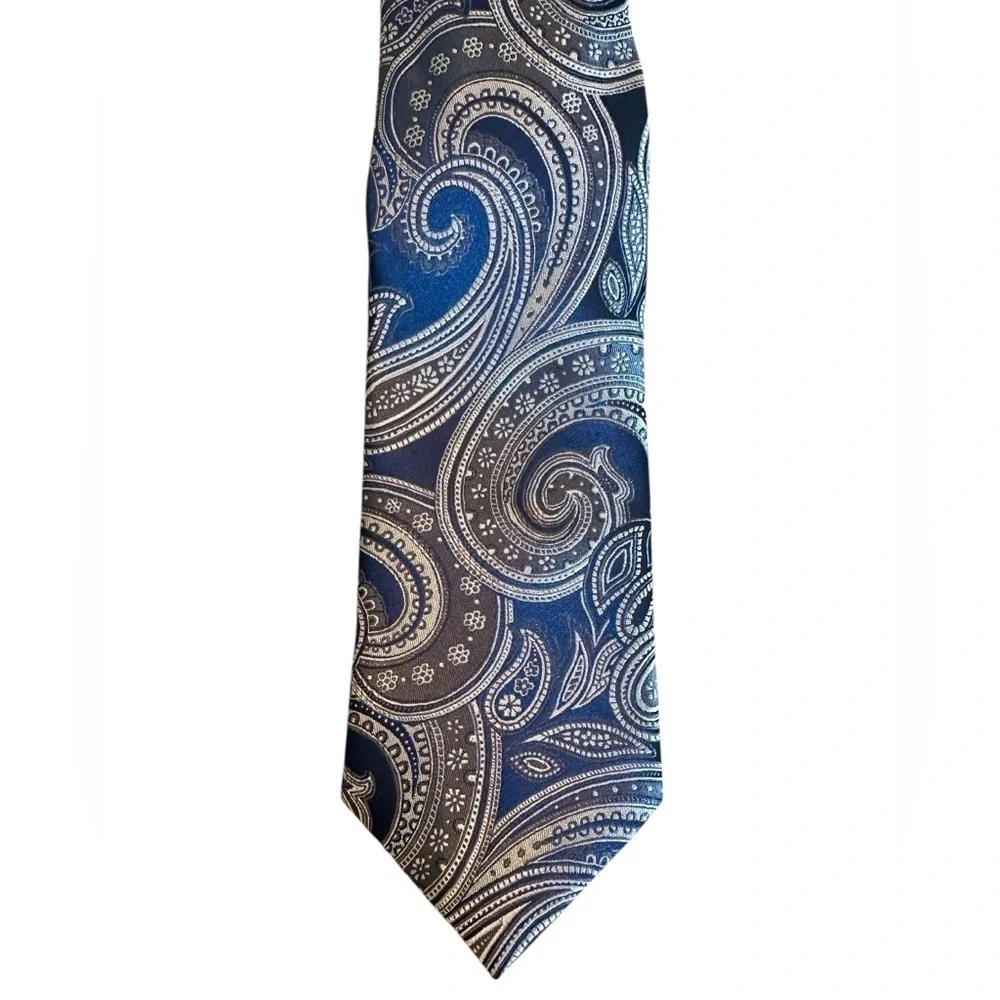 New Stafford Tailored Culture Silk Tie - Navy Blue Gray Silver